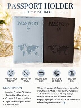 LIGHT BLUE & BLACK PASSPORT HOLDER SET - TRAVEL PASSPORT WALLET (2 pcs)